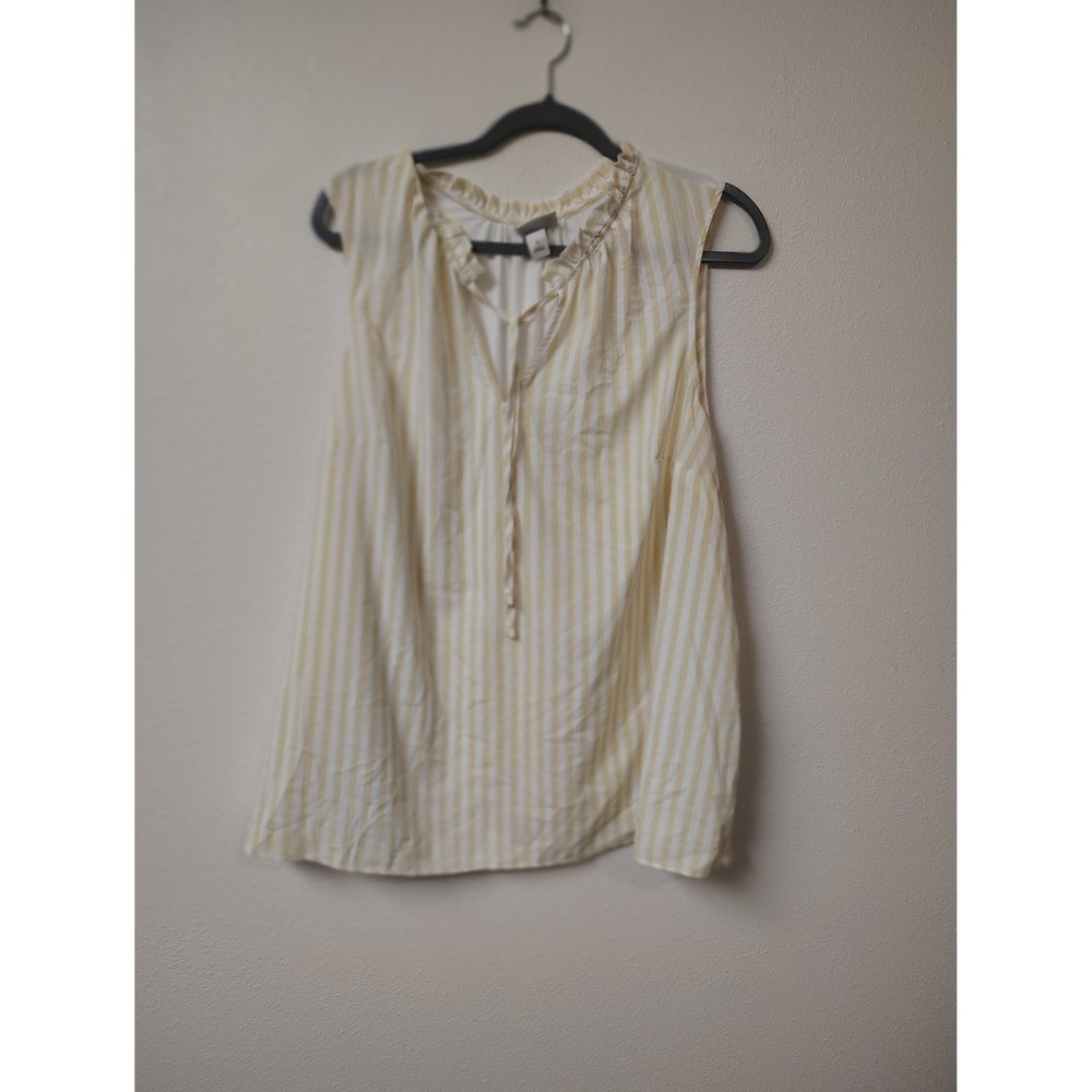 Ava & Viv Womens 1X Yellow White Striped Ruffle Neck Tie Front Sleeveless Blouse
